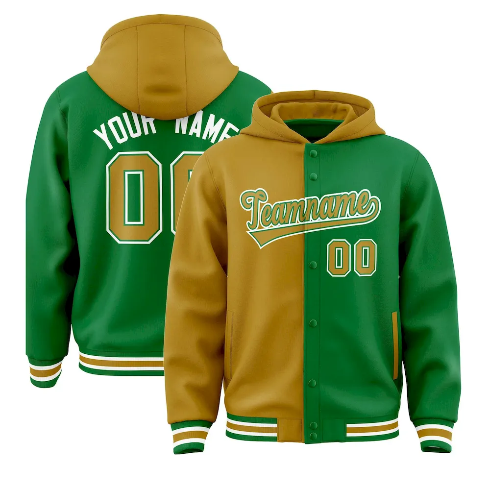 Custom Old Gold Kelly Green Split Fashion Varsity Full-Snap Letterman Two Tone Jacket Hoodie