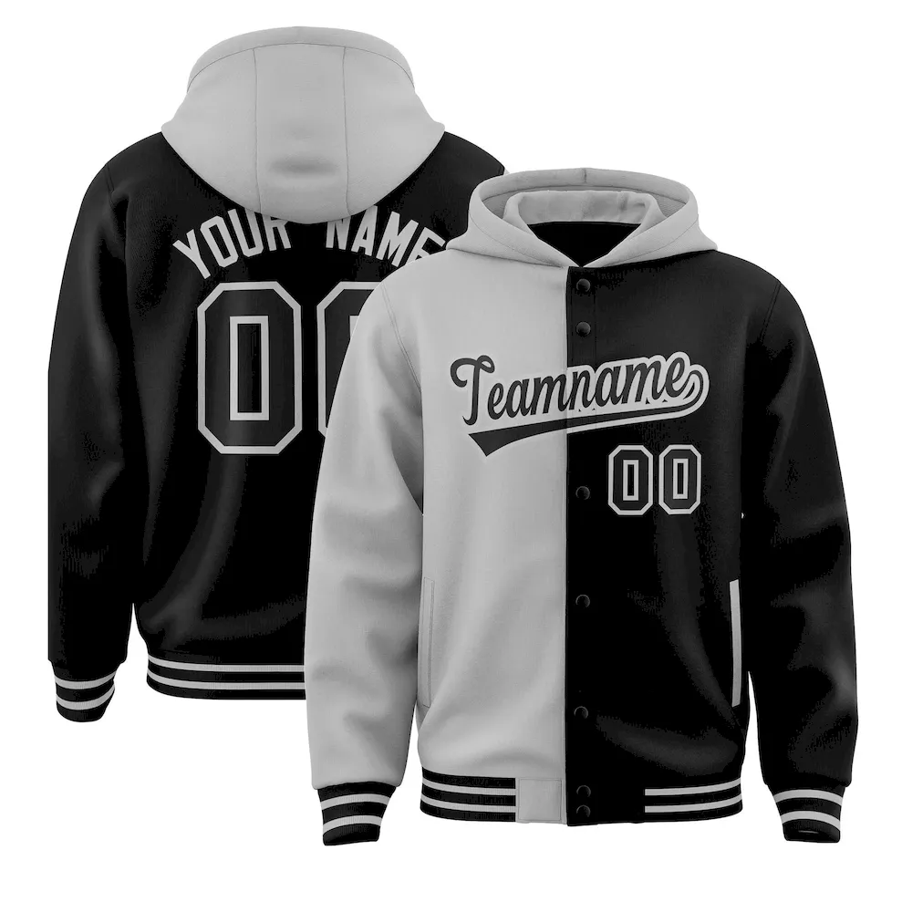 Custom Gray Black Split Fashion Varsity Full-Snap Letterman Two Tone Jacket Hoodie
