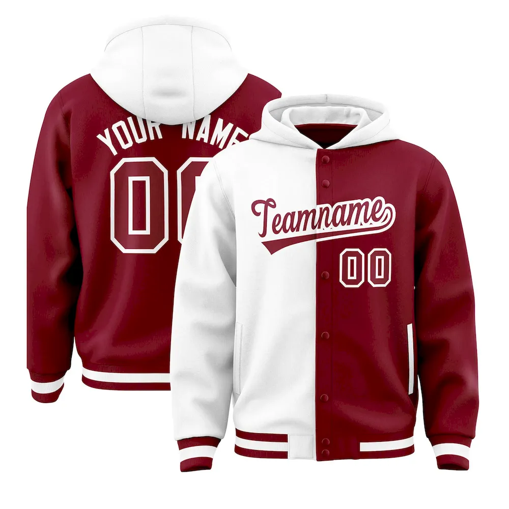 Custom White Crimson Split Fashion Varsity Full-Snap Letterman Two Tone Jacket Hoodie