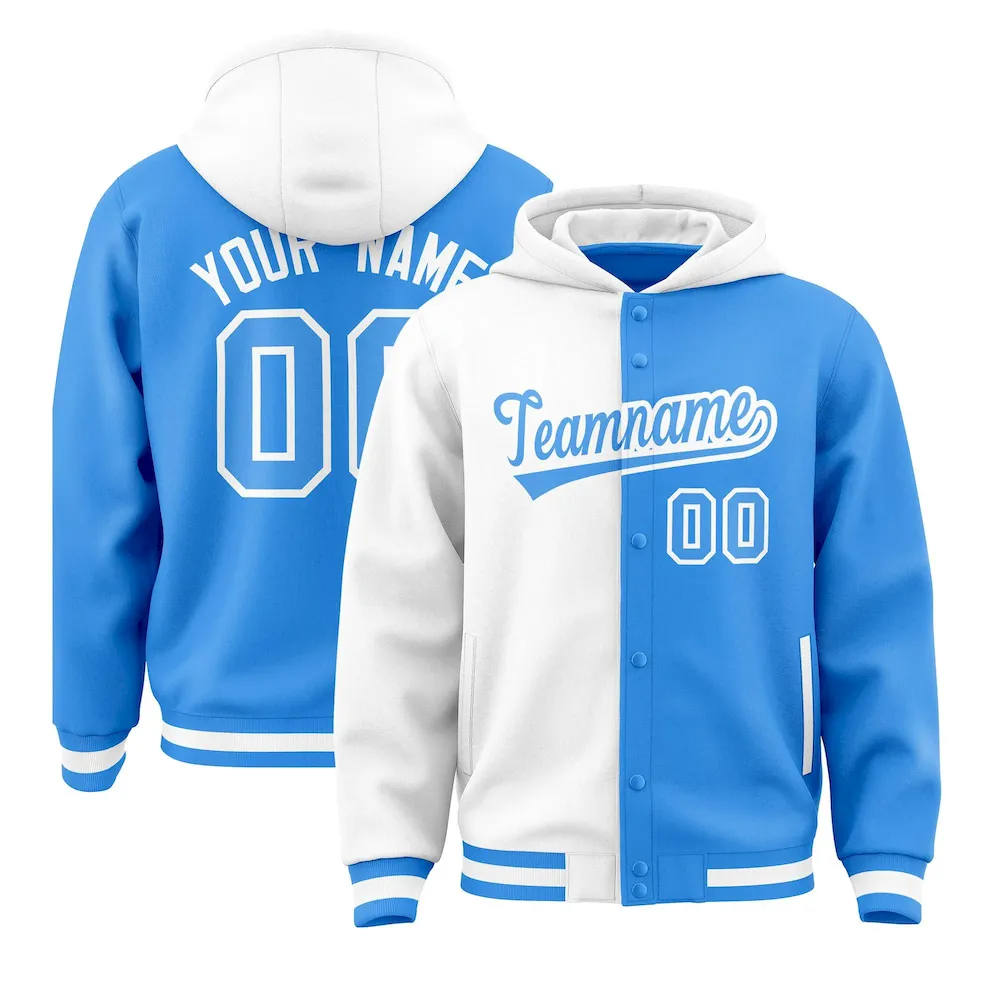 Custom White Powder Blue Split Fashion Varsity Full-Snap Letterman Two Tone Jacket Hoodie