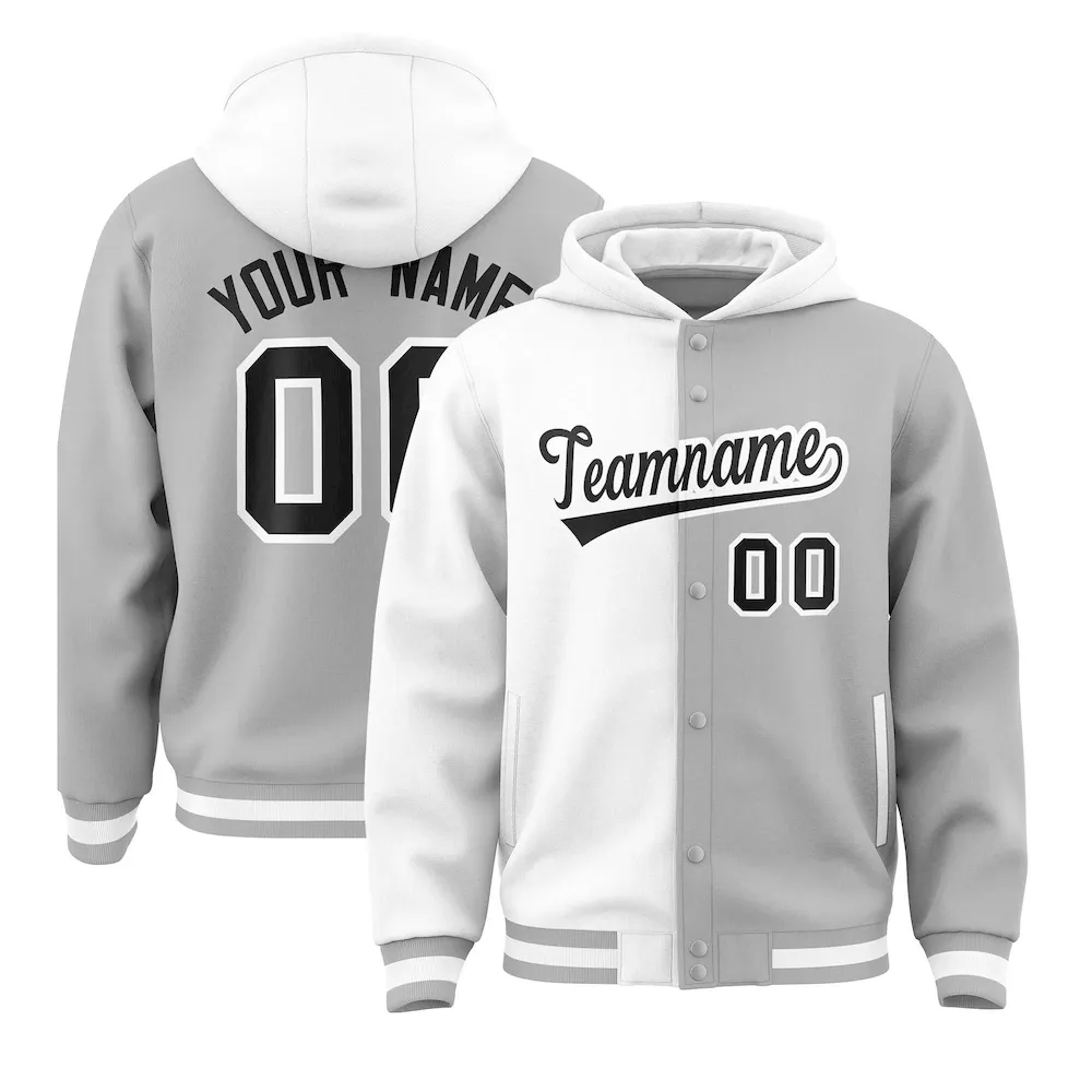 Custom White Gray Split Fashion Varsity Full-Snap Letterman Two Tone Jacket Hoodie