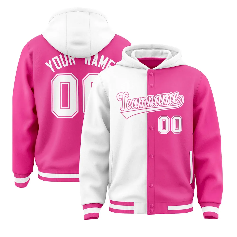 Custom White Pink Split Fashion Varsity Full-Snap Letterman Two Tone Jacket Hoodie
