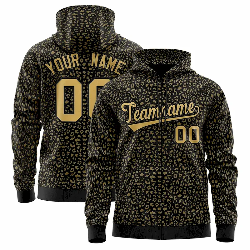 Custom Black Old Gold Varsity Full-Zip Letterman Leopard Print Jacket Hoodie