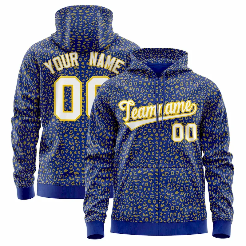 Custom Royal Gold Varsity Full-Zip Letterman Leopard Print Jacket Hoodie
