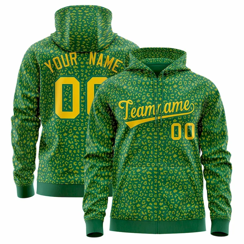 Custom Kelly Green Gold Varsity Full-Zip Letterman Leopard Print Jacket Hoodie