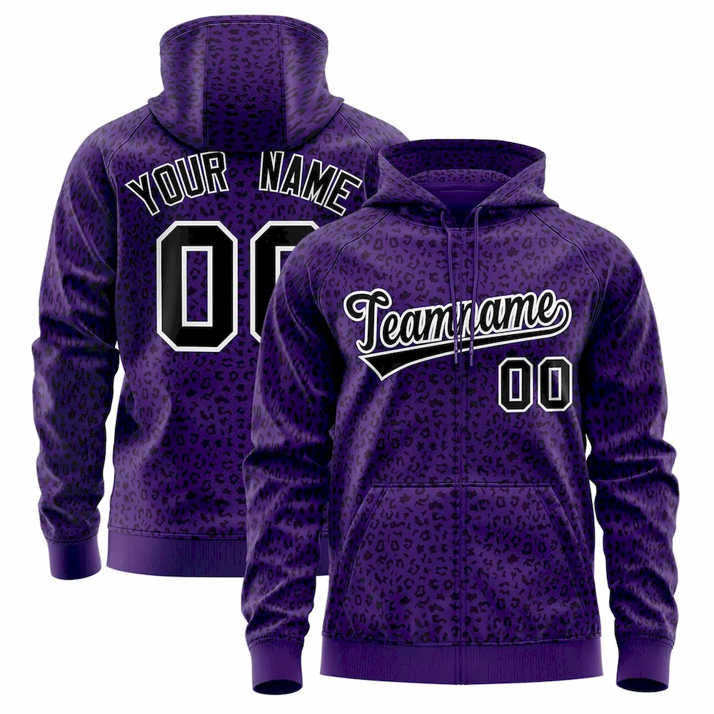 Custom Purple Black Varsity Full-Zip Letterman Leopard Print Jacket Hoodie
