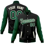 Custom Black Green Full-Snap Varsity Raglan Sleeves Letterman Baseball Jacket