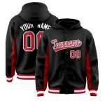 Custom Black Red Color Block Varsity Full-Snap Letterman Jacket Hoodie