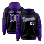 Custom Black Purple Raglan Sleeves Varsity Full-Snap Letterman Three Stripes Jacket Hoodie