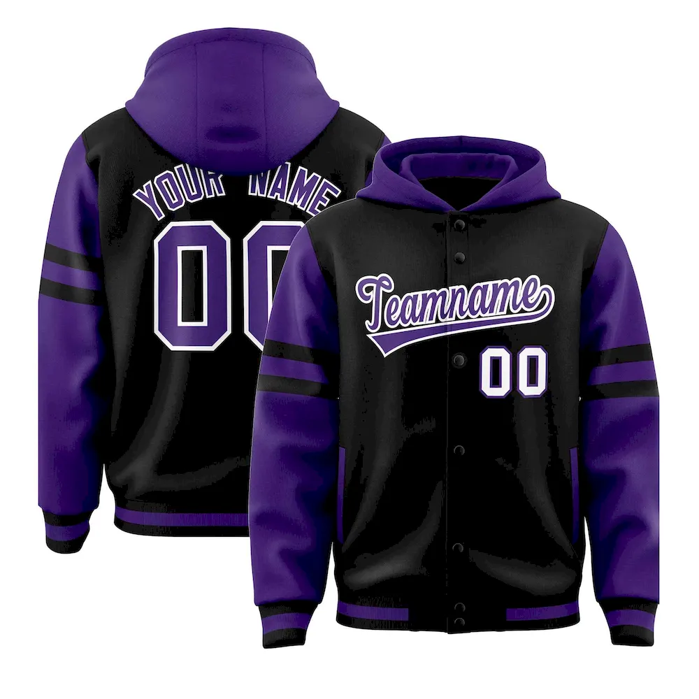 Custom Black Purple Raglan Sleeves Varsity Full-Snap Letterman Three Stripes Jacket Hoodie