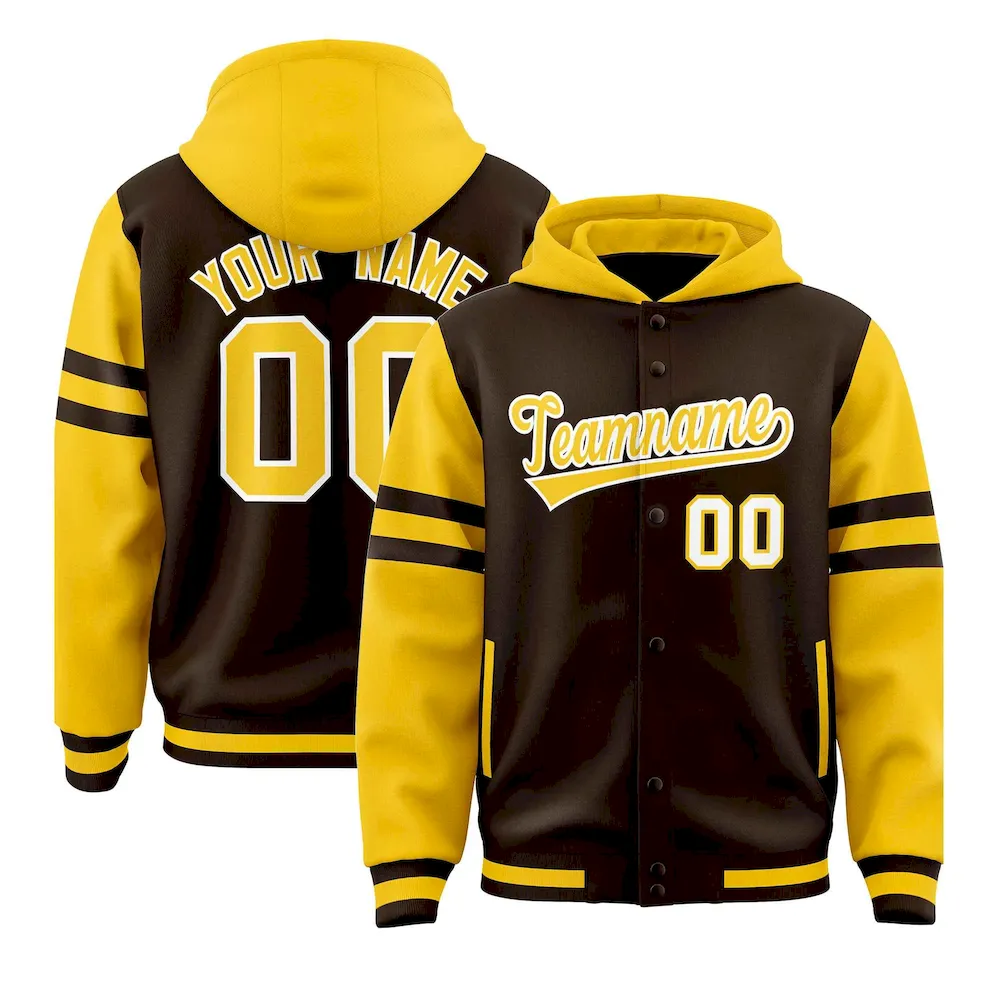 Custom Brown Gold Raglan Sleeves Varsity Full-Snap Letterman Three Stripes Jacket Hoodie
