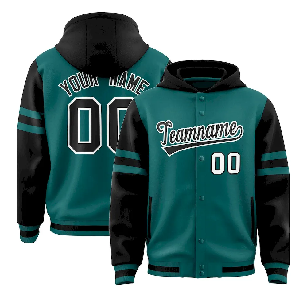 Custom Aqua Black Raglan Sleeves Varsity Full-Snap Letterman Three Stripes Jacket Hoodie