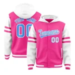 Custom Pink White Raglan Sleeves Varsity Full-Snap Letterman Three Stripes Jacket Hoodie