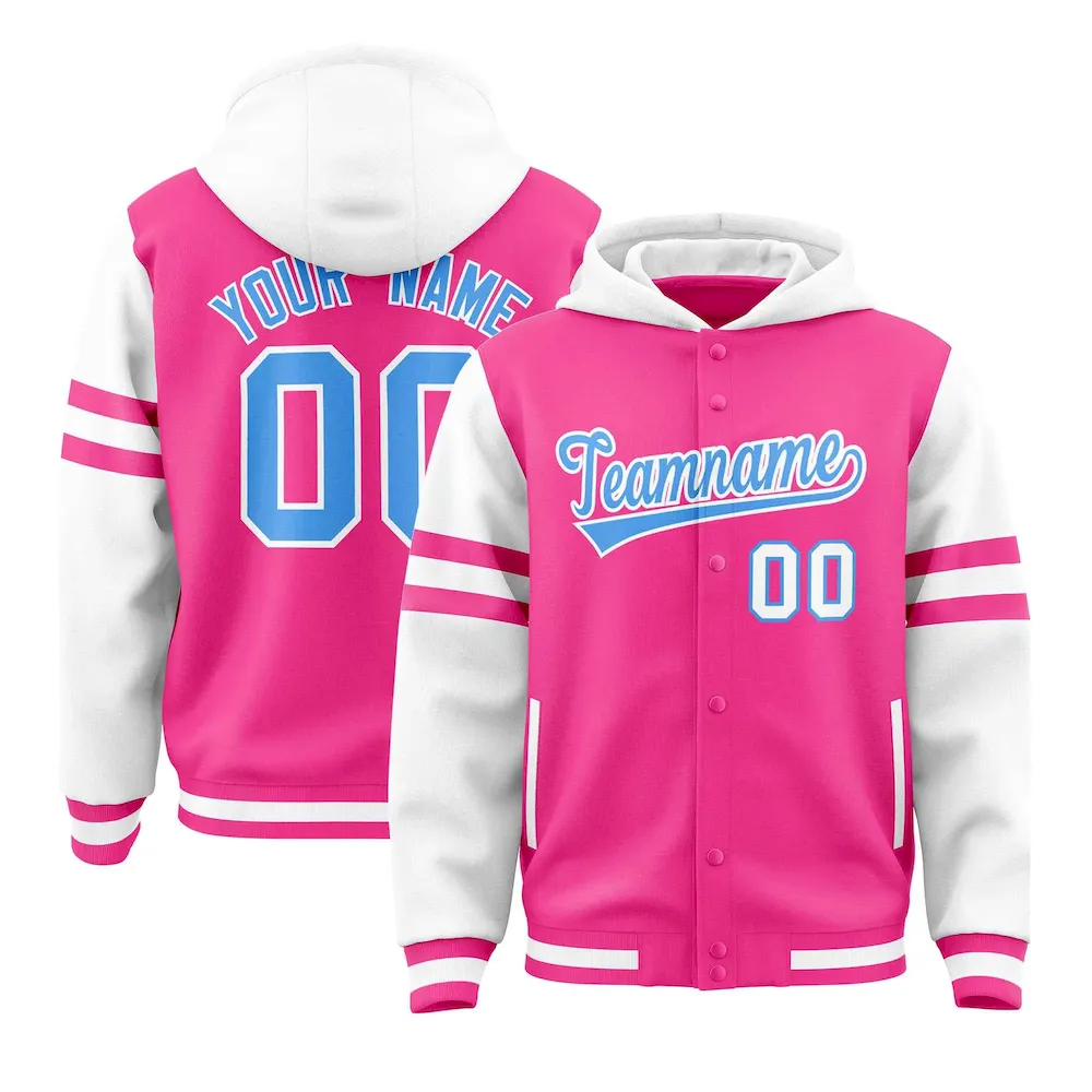 Custom Pink White Raglan Sleeves Varsity Full-Snap Letterman Three Stripes Jacket Hoodie