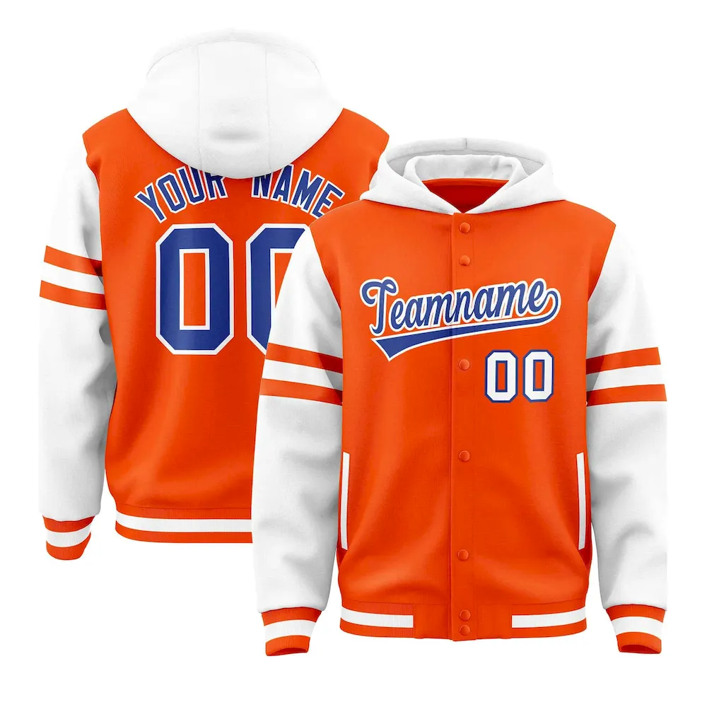 Custom Orange White Raglan Sleeves Varsity Full-Snap Letterman Three Stripes Jacket Hoodie