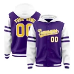 Custom Purple White Raglan Sleeves Varsity Full-Snap Letterman Three Stripes Jacket Hoodie