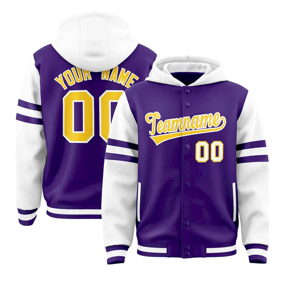 Custom Purple White Raglan Sleeves Varsity Full-Snap Letterman Three Stripes Jacket Hoodie