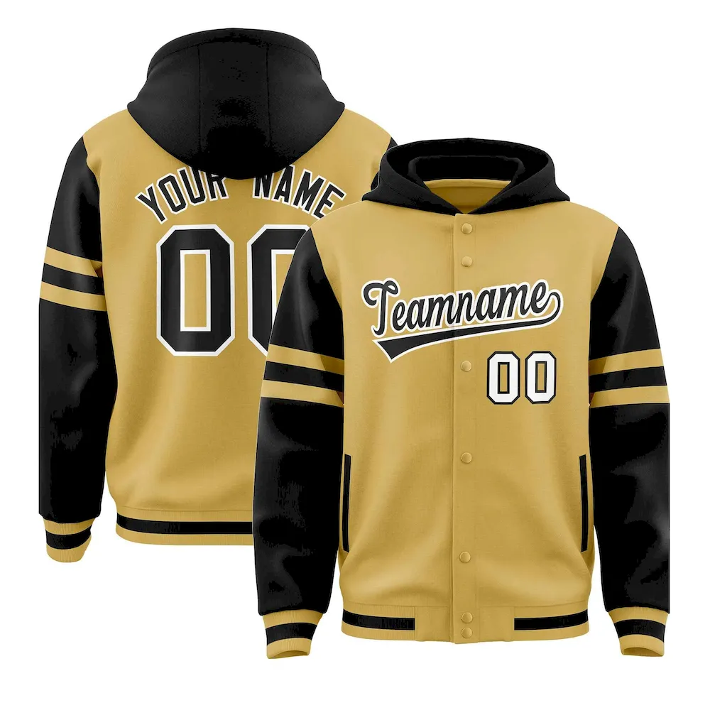 Custom Old Gold Black Raglan Sleeves Varsity Full-Snap Letterman Three Stripes Jacket Hoodie