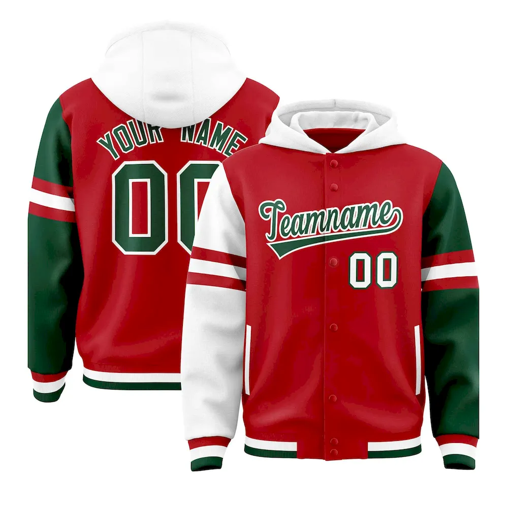 Custom Red White-Green Raglan Sleeves Varsity Full-Snap Letterman Three Stripes Jacket Hoodie
