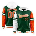 Custom Green White-Orange Raglan Sleeves Varsity Full-Snap Letterman Three Stripes Jacket Hoodie