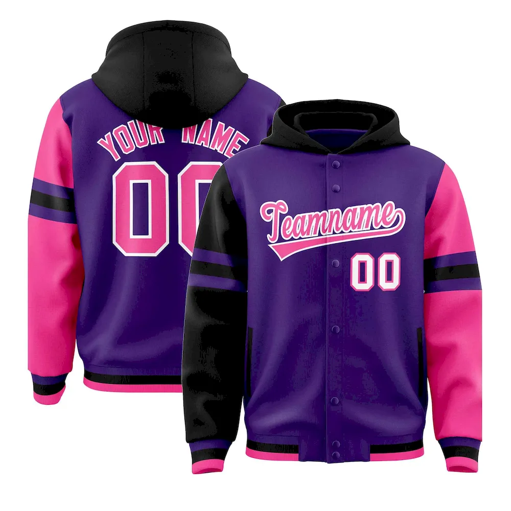 Custom Purple Black-Pink Raglan Sleeves Varsity Full-Snap Letterman Three Stripes Jacket Hoodie