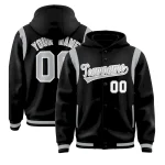 Custom Black Silver Varsity Full-Snap Letterman Shoulder Color Block Jacket Hoodie