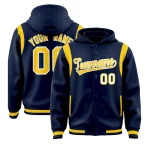 Custom Navy Gold Varsity Full-Snap Letterman Shoulder Color Block Jacket Hoodie
