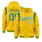 Custom Gold Kelly Green Varsity Full-Snap Letterman Shoulder Color Block Jacket Hoodie