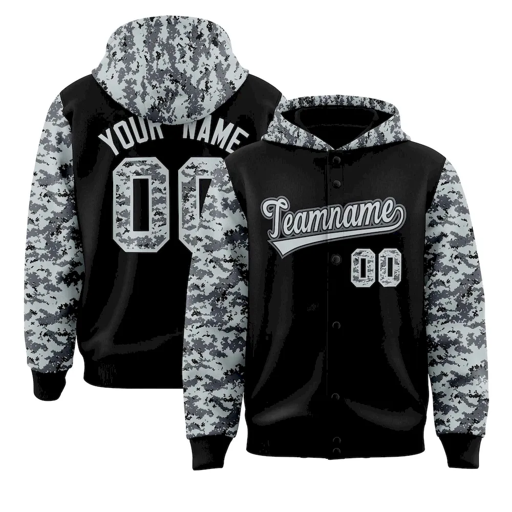 Custom Black Silver-Gray Raglan Sleeves Varsity Full-Snap Letterman Camo Jacket Hoodie