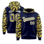 Custom Navy Gold-Cream Raglan Sleeves Varsity Full-Snap Letterman Camo Jacket Hoodie