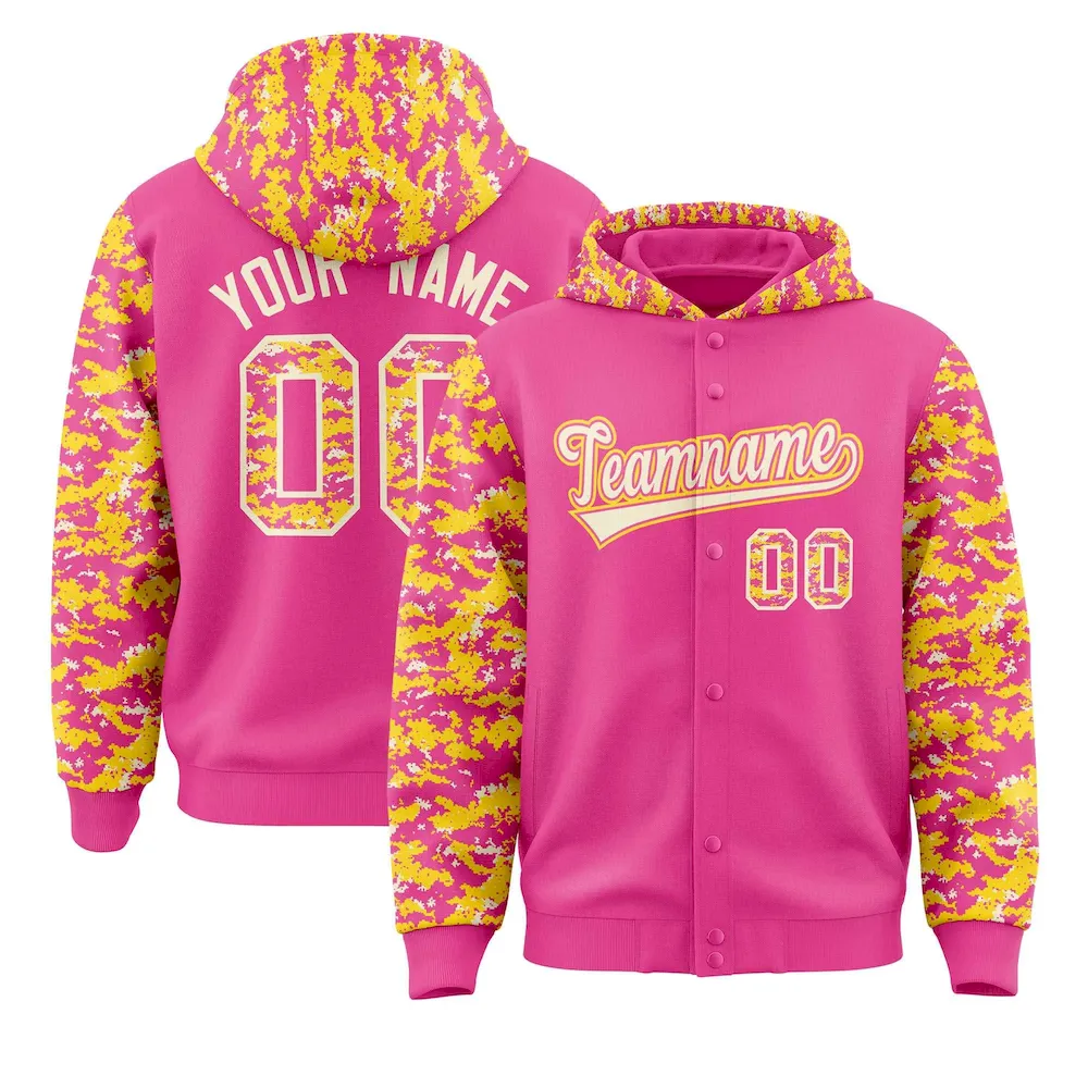 Custom Pink Gold-Cream Raglan Sleeves Varsity Full-Snap Letterman Camo Jacket Hoodie
