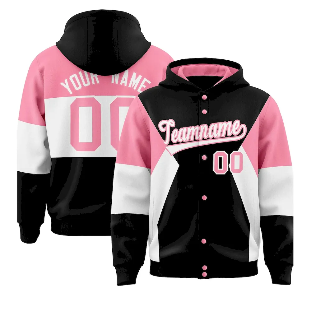 Custom Black Light Pink-White Color Block Varsity Full-Snap Letterman Jacket Hoodie