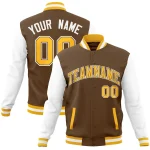 Custom Light Brown Gold-White Raglan Sleeves Varsity Full-Snap Letterman Jacket