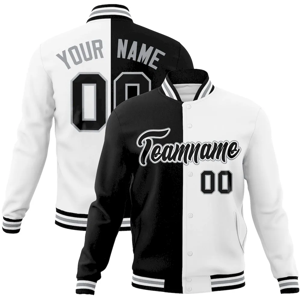 Custom Black White-Black Varsity Full-Snap Letterman Two Tone Split Fashion Jacket