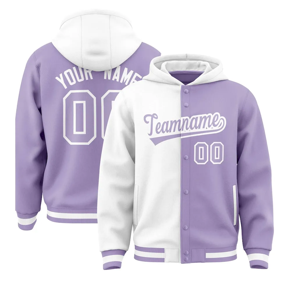 Custom White Light Purple Split Fashion Varsity Full-Snap Letterman Two Tone Jacket Hoodie
