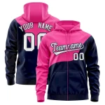 Custom Pink Navy Color Block Varsity Full-Zip Letterman Wave Jacket Hoodie