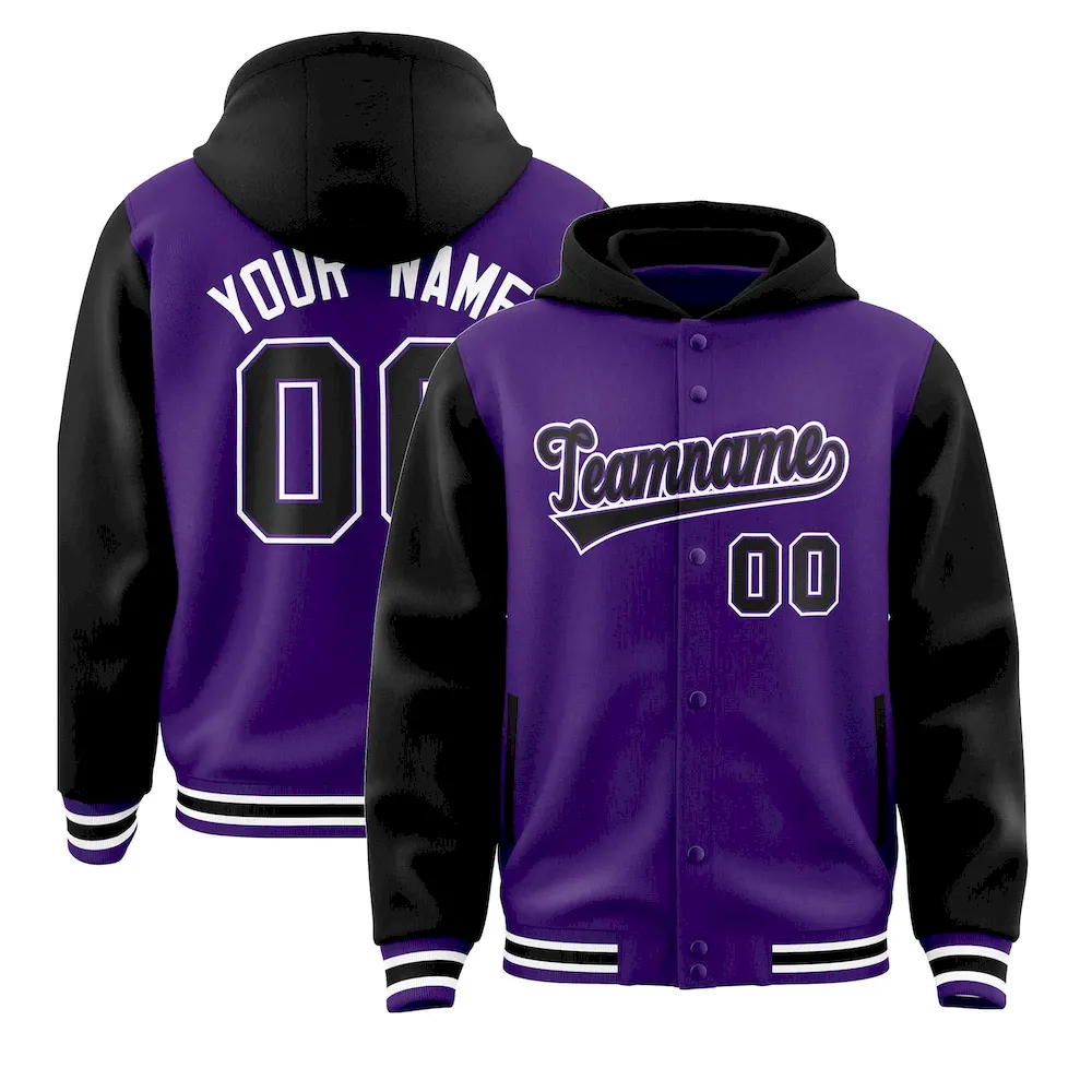 Custom Purple Black Raglan Sleeves Varsity Full-Snap Letterman Two Tone Jacket Hoodie
