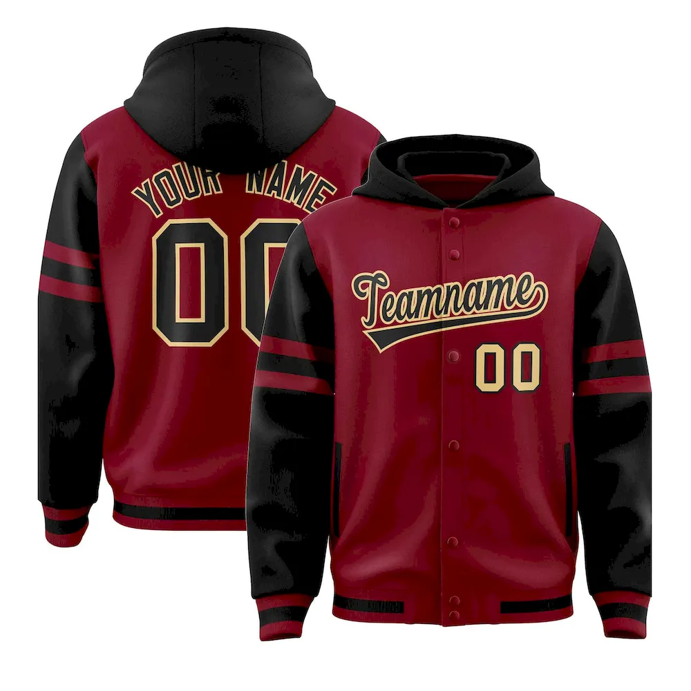 Custom Crimson Black Raglan Sleeves Varsity Full-Snap Letterman Three Stripes Jacket Hoodie