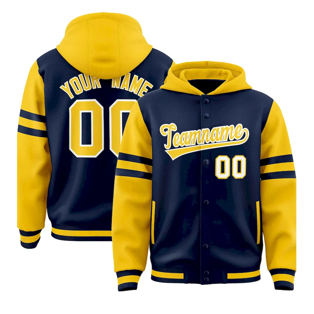 Custom Navy Gold Raglan Sleeves Varsity Full-Snap Letterman Three Stripes Jacket Hoodie