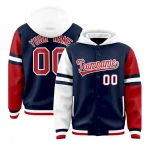 Custom Navy White-Red Raglan Sleeves Varsity Full-Snap Letterman Three Stripes Jacket Hoodie