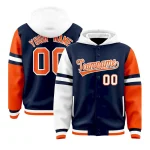 Custom Navy White-Orange Raglan Sleeves Varsity Full-Snap Letterman Three Stripes Jacket Hoodie