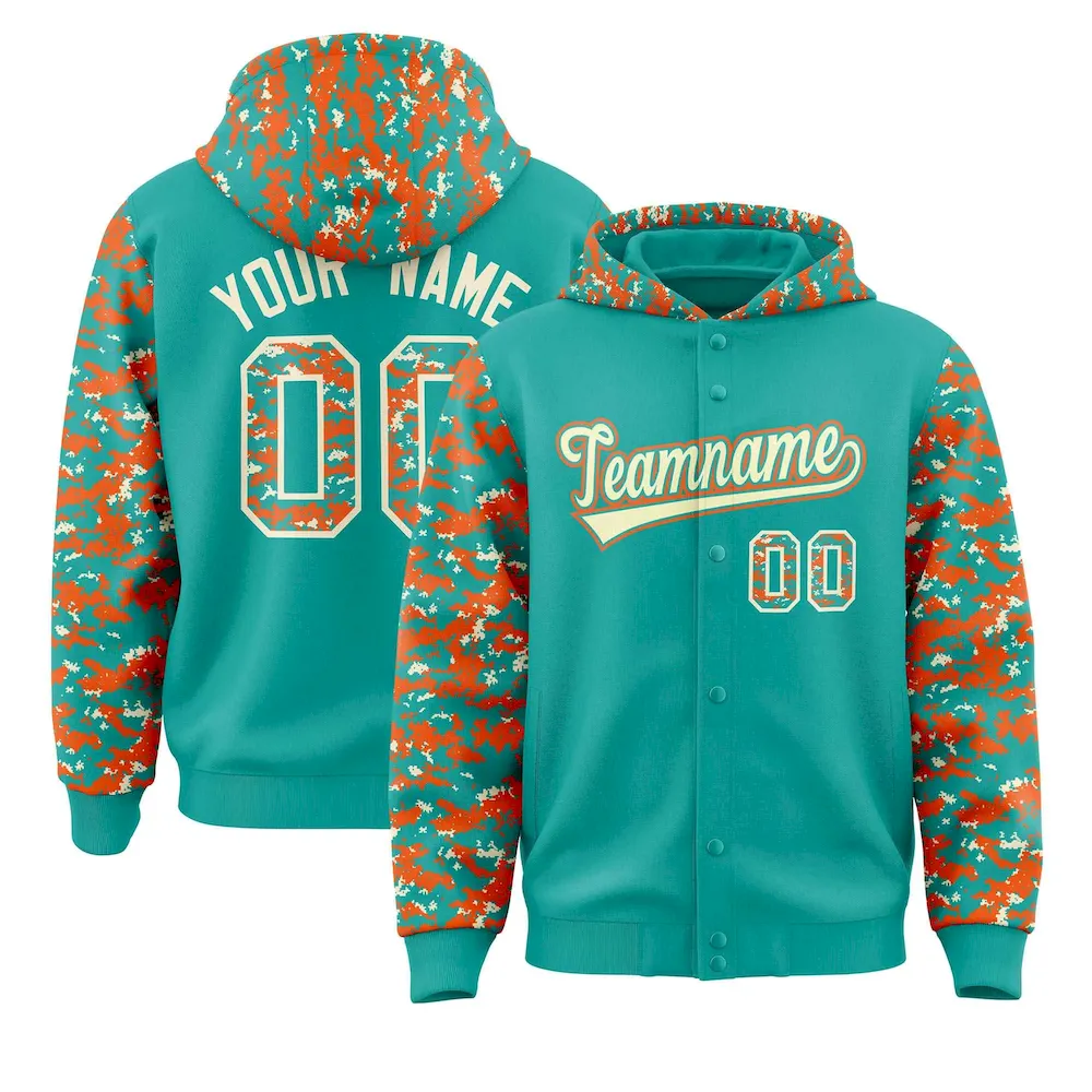 Custom Aqua Orange-Cream Raglan Sleeves Varsity Full-Snap Letterman Camo Jacket Hoodie