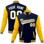 Custom Navy Yellow Raglan Sleeves Varsity Full-Snap Letterman Jacket