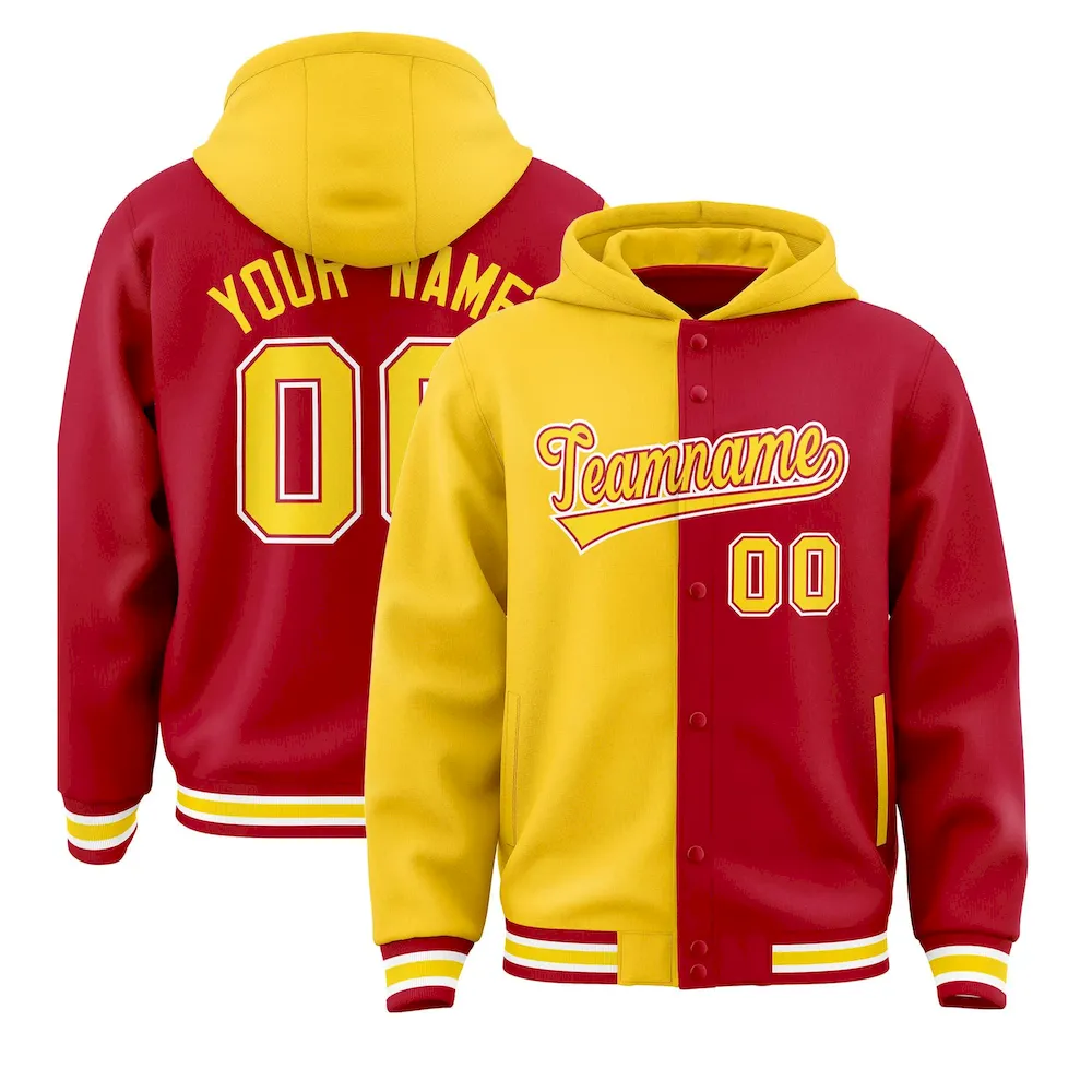 Custom Gold Red Split Fashion Varsity Full-Snap Letterman Two Tone Jacket Hoodie
