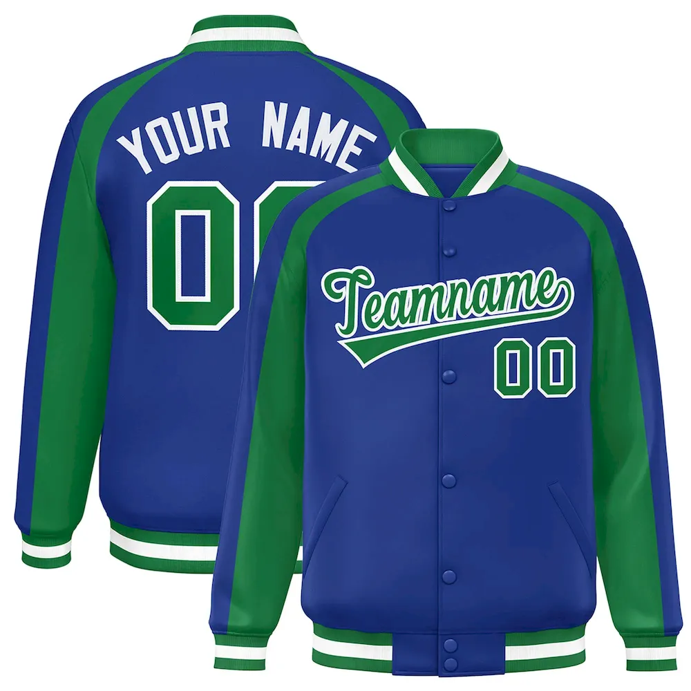 Custom Royal White Varsity Full-Snap Color Block Personalized Raglan Sleeves Letterman Jacket