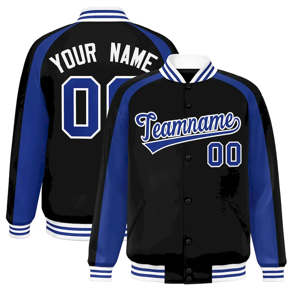 Custom Black Royal Varsity Full-Snap Color Block Personalized Raglan Sleeves Letterman Jacket