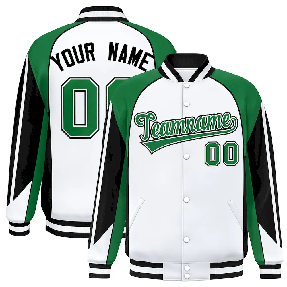 Custom White Kelly Green Varsity Full-Snap Personalized Raglan Sleeves Color Block Letterman Jacket