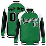 Custom Kelly Green White Varsity Full-Snap Personalized Raglan Sleeves Color Block Letterman Jacket