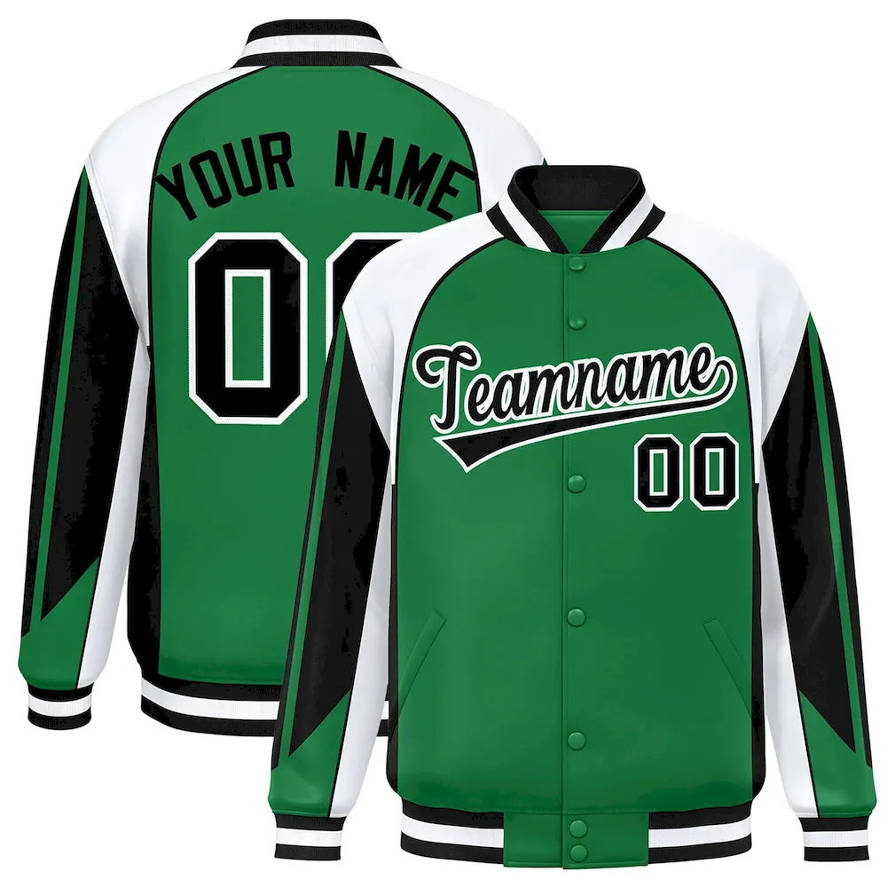 Custom Kelly Green White Varsity Full-Snap Personalized Raglan Sleeves Color Block Letterman Jacket