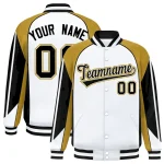 Custom White Old Gold Varsity Full-Snap Personalized Raglan Sleeves Color Block Letterman Jacket